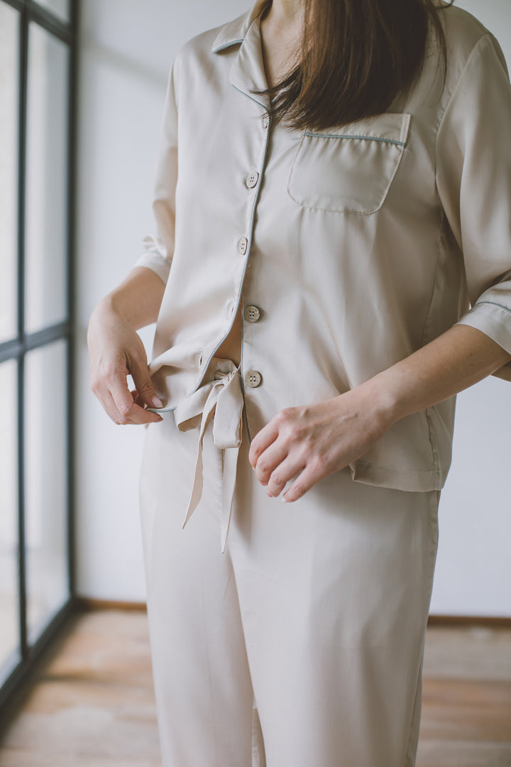 Organic Bamboo Lyocell Loungewear - Beige - Long Pants - Close-up