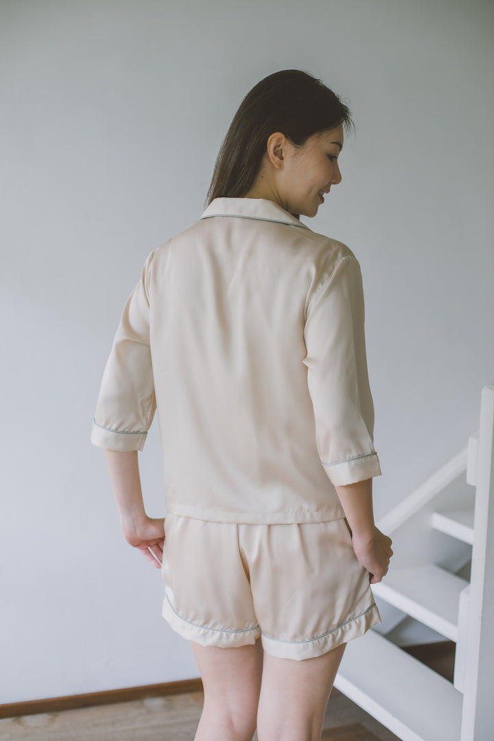 Organic Bamboo Lyocell Loungewear - Beige - With Model - Back & Close-up