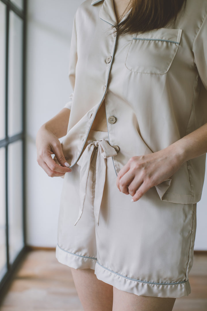 Organic Bamboo Lyocell Loungewear - Beige - With Model - Shorts