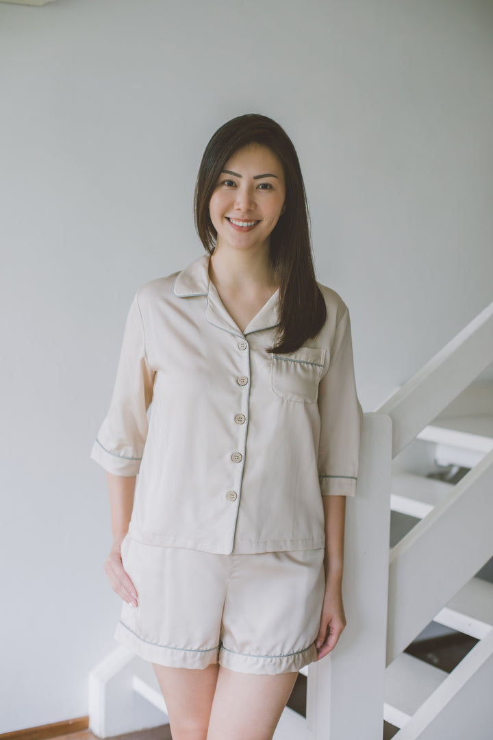 Organic Bamboo Lyocell Loungewear - Beige - Front & Close-up - With Model