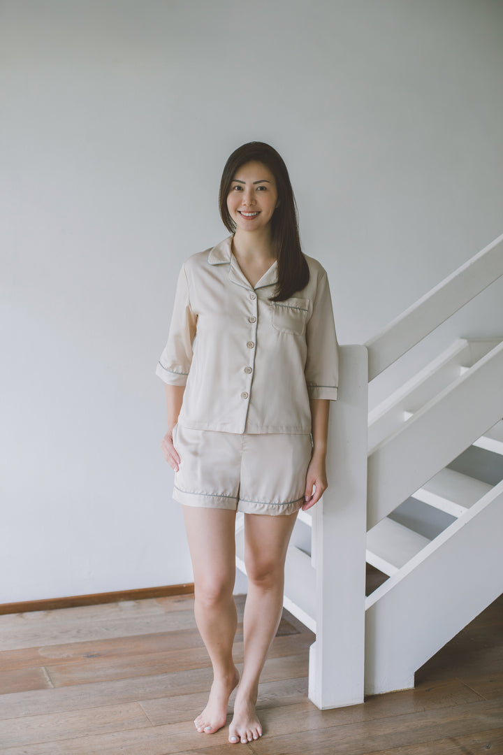 Organic Bamboo Lyocell Loungewear - Beige - With Model