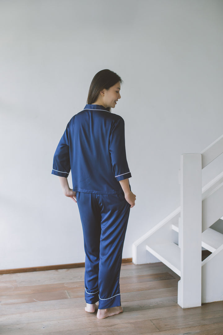 Organic Bamboo Lyocell Loungewear - Blue - Long Pants - Back - With Model