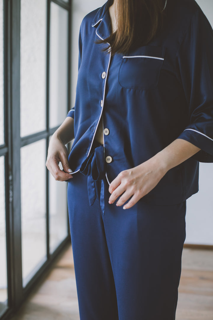 Organic Bamboo Lyocell Loungewear - Blue - Long Pants - Front & Close-up