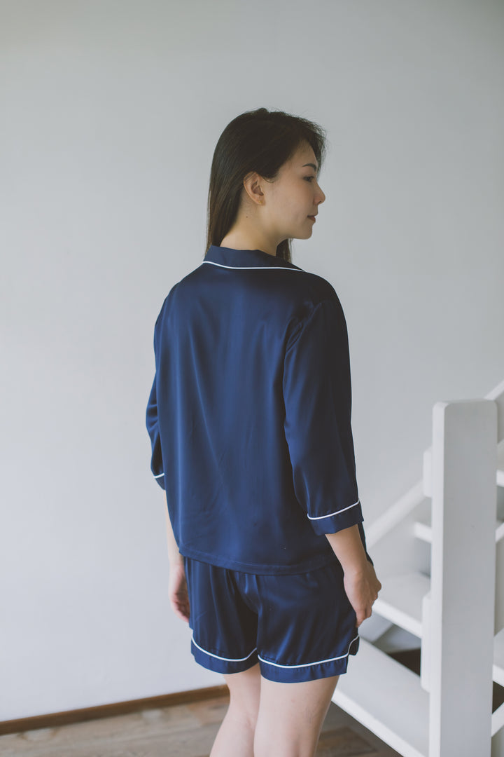 Organic Bamboo Lyocell Loungewear - Blue - With Model - Back & Close-up