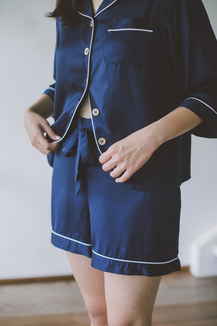 Organic Bamboo Lyocell Loungewear - Blue - Front & Close-up