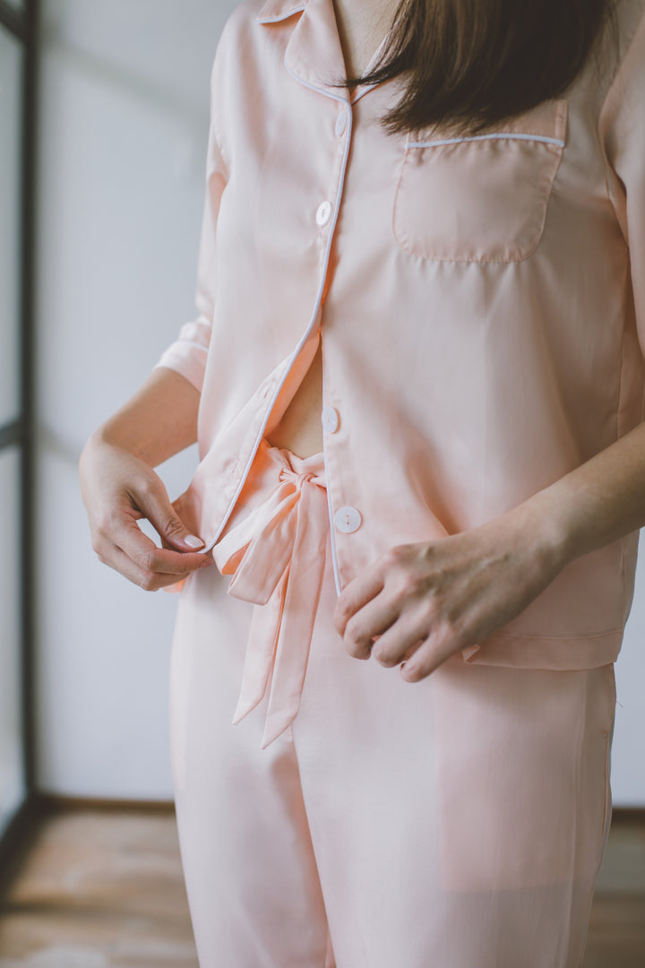 Organic Bamboo Lyocell Loungewear - Light Pink - Long Pants - Front & Close-up