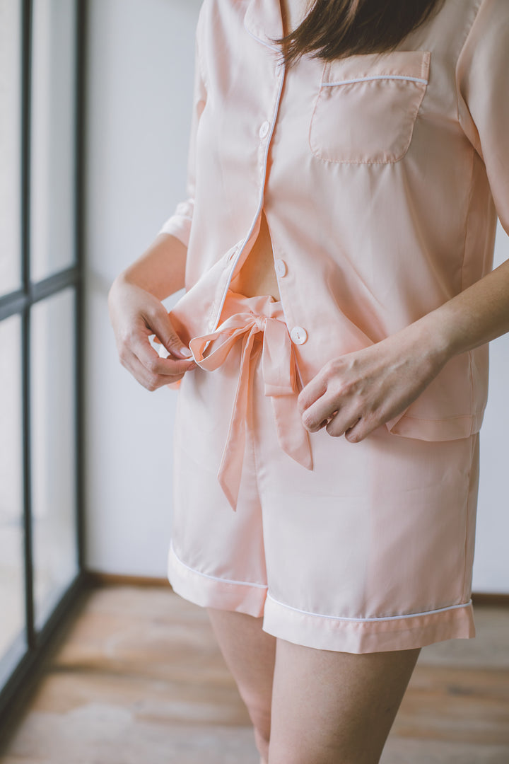 Organic Bamboo Lyocell Loungewear - Light Pink - Front & Close-up - With Model
