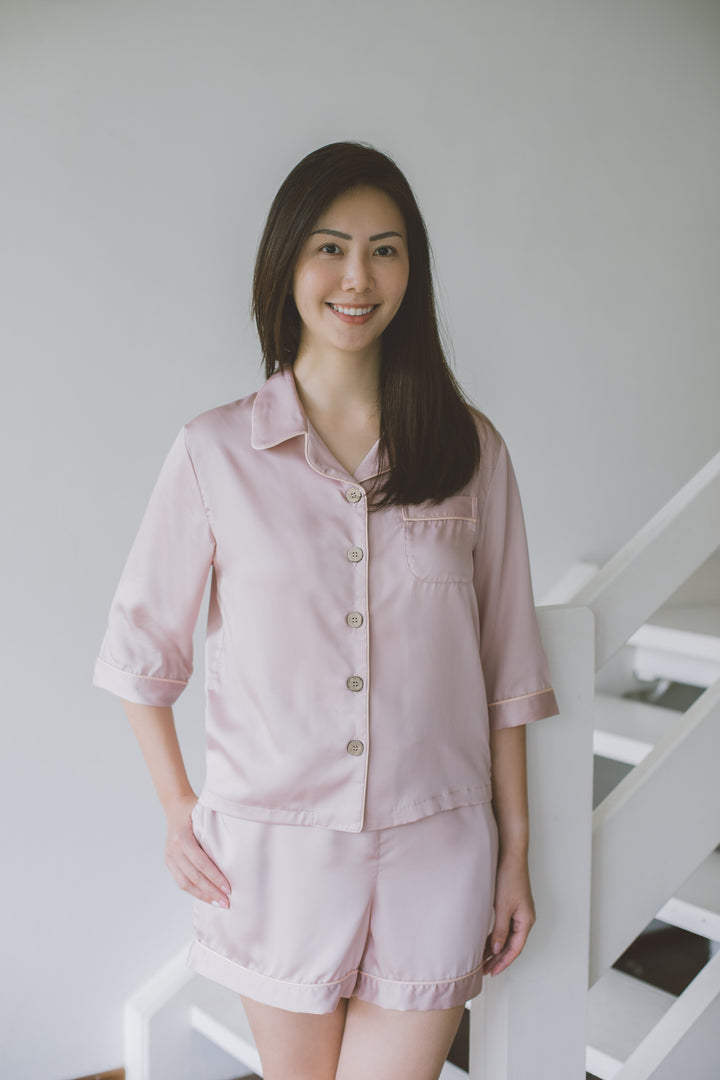 Organic Bamboo Lyocell Loungewear - Pink - With Model - Front & Close-up