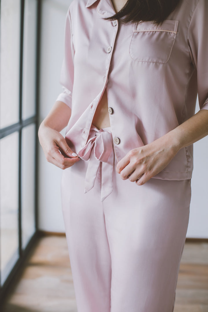 Organic Bamboo Lyocell Loungewear - Pink - Long Pants - Front & Close-up