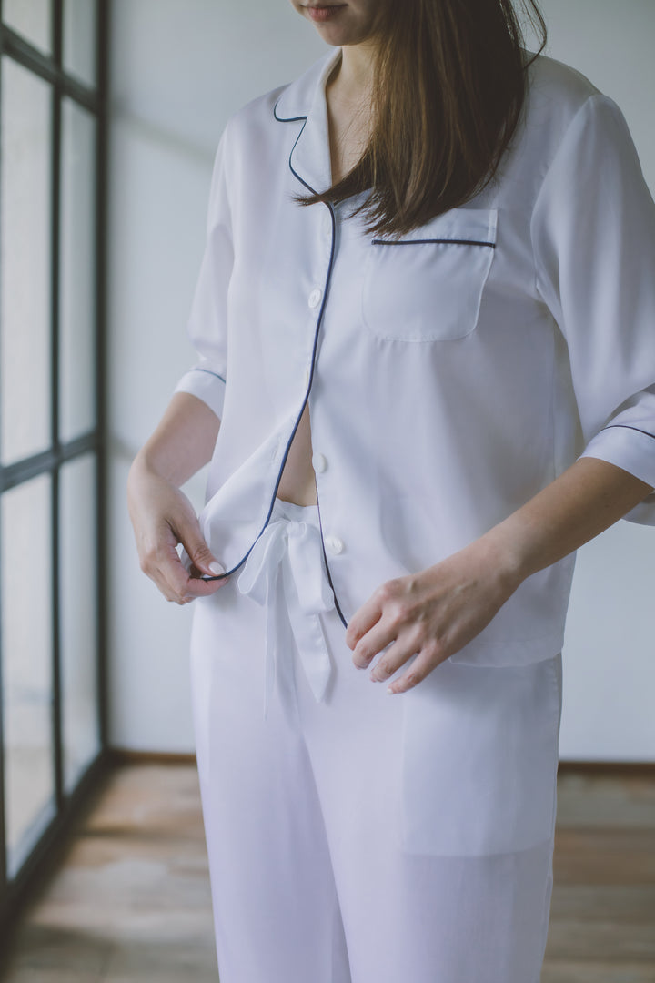 Organic Bamboo Lyocell Loungewear - White - Long Pants - Front & Close-up