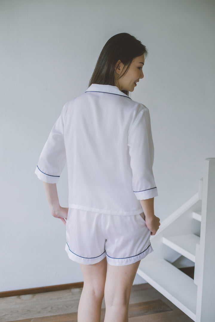 Organic Bamboo Lyocell Loungewear - White - With Model - Back & Close-up