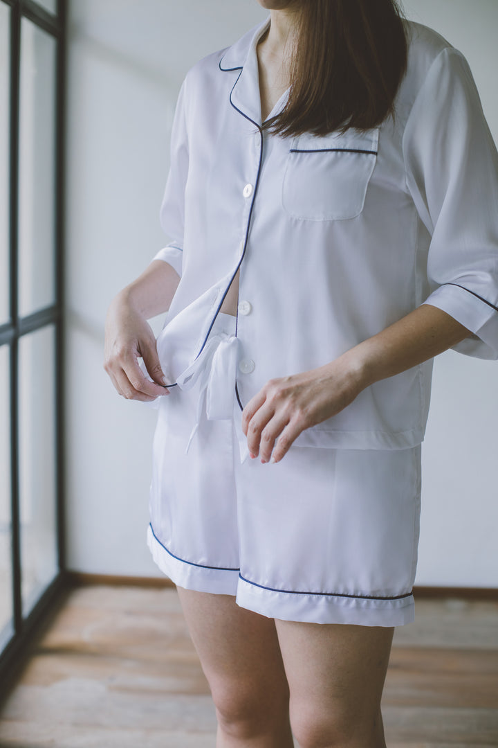 Organic Bamboo Lyocell Loungewear - White - Front & Close-up - With Model