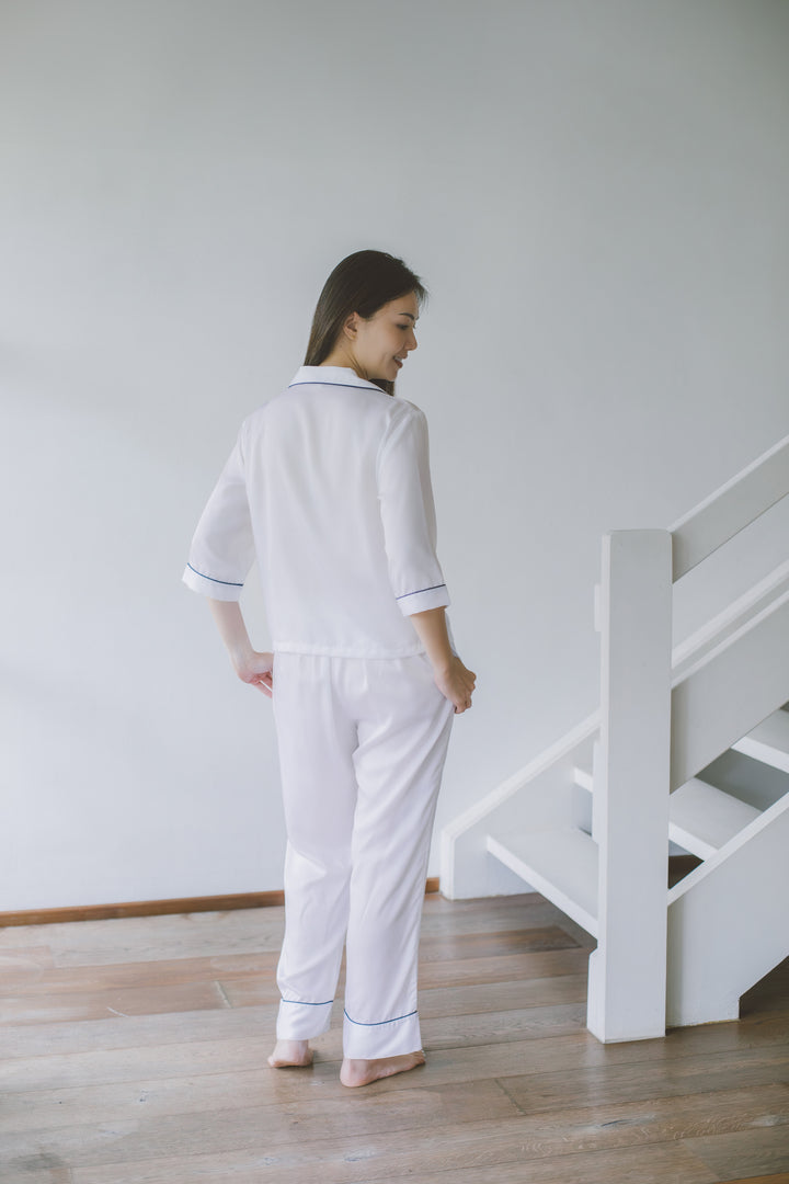 Organic Bamboo Lyocell Loungewear - White - Long Pants - With Model - Back